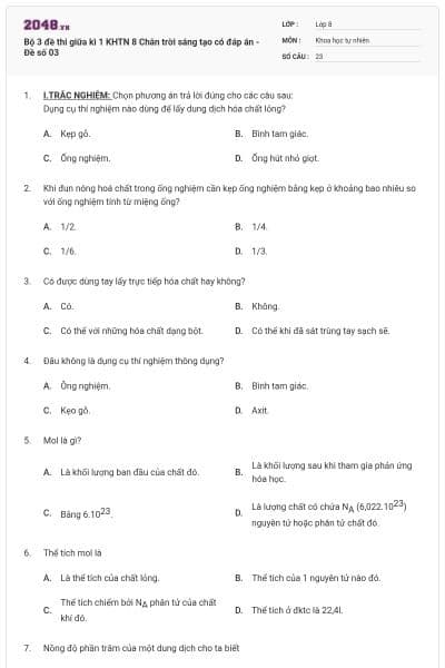 Bộ 3 đề thi giữa kì 1 KHTN 8 Chân trời sáng tạo có đáp án - Đề số 03