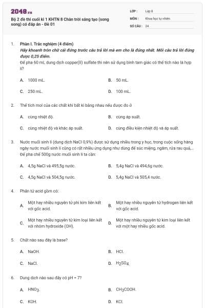 Bộ 2 đề thi cuối kì 1 KHTN 8 Chân trời sáng tạo (song song) có đáp án - Đề 01