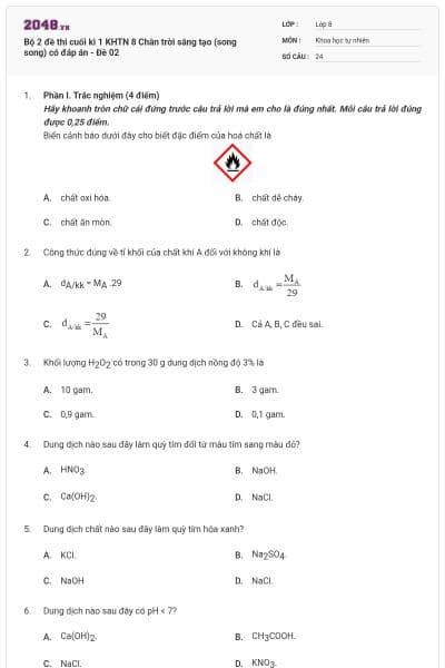 Bộ 2 đề thi cuối kì 1 KHTN 8 Chân trời sáng tạo (song song) có đáp án - Đề 02