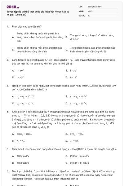 Tuyển tập đề thi thử thpt quốc gia môn Vật lý cực hay có lời giải (Đề số 21)