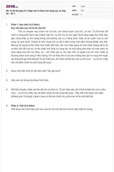 Bộ 10 đề thi giữa kì 2 Ngữ văn 6 Chân trời sáng tạo có đáp án - Đề 1