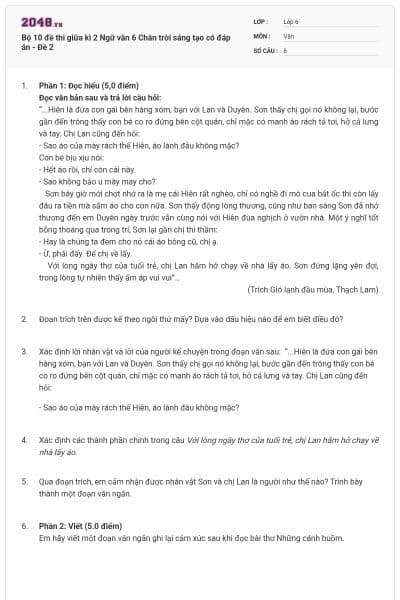 Bộ 10 đề thi giữa kì 2 Ngữ văn 6 Chân trời sáng tạo có đáp án - Đề 2