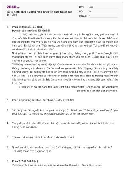 Bộ 10 đề thi giữa kì 2 Ngữ văn 6 Chân trời sáng tạo có đáp án - Đề 4