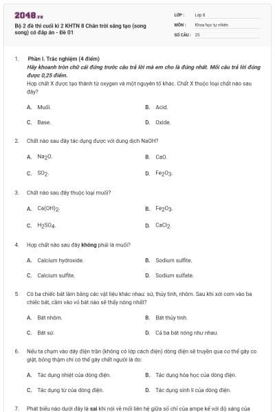 Bộ 2 đề thi cuối kì 2 KHTN 8 Chân trời sáng tạo (song song) có đáp án - Đề 01