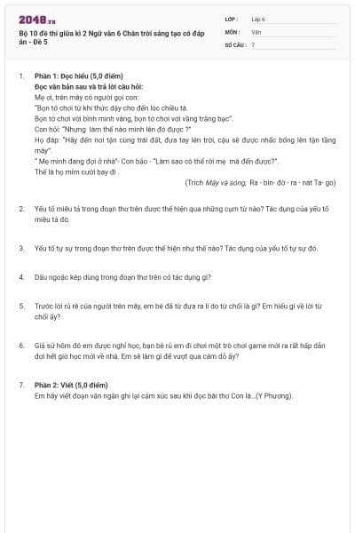 Bộ 10 đề thi giữa kì 2 Ngữ văn 6 Chân trời sáng tạo có đáp án - Đề 5
