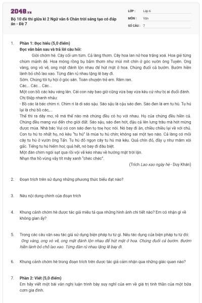 Bộ 10 đề thi giữa kì 2 Ngữ văn 6 Chân trời sáng tạo có đáp án - Đề 7