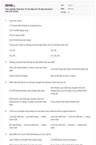 Trắc nghiệm Sinh Học 10 (có đáp án): Ôn tập chương 2: Cấu trúc tế bào