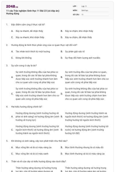 11 câu  Trắc nghiệm Sinh Học 11 Bài 23 (có đáp án): Hướng động