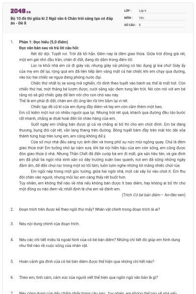 Bộ 10 đề thi giữa kì 2 Ngữ văn 6 Chân trời sáng tạo có đáp án - Đề 8