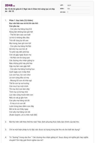 Bộ 10 đề thi giữa kì 2 Ngữ văn 6 Chân trời sáng tạo có đáp án - Đề 10