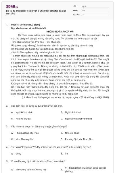 Bộ 10 đề thi cuối kì 2 Ngữ văn 6 Chân trời sáng tạo có đáp án - Đề 3