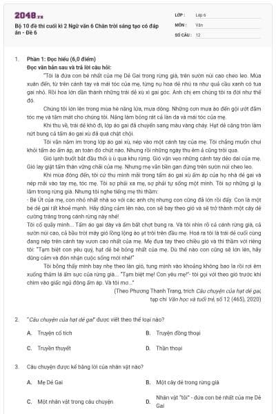 Bộ 10 đề thi cuối kì 2 Ngữ văn 6 Chân trời sáng tạo có đáp án - Đề 6