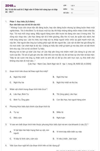 Bộ 10 đề thi cuối kì 2 Ngữ văn 6 Chân trời sáng tạo có đáp án - Đề 7