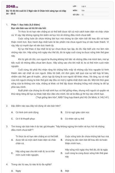 Bộ 10 đề thi cuối kì 2 Ngữ văn 6 Chân trời sáng tạo có đáp án - Đề 8