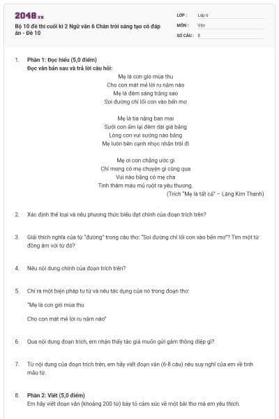 Bộ 10 đề thi cuối kì 2 Ngữ văn 6 Chân trời sáng tạo có đáp án - Đề 10