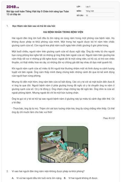 Bài tập cuối tuần Tiếng Việt lớp 5 Chân trời sáng tạo Tuần 12 có đáp án