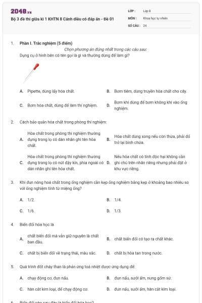 Bộ 3 đề thi giữa kì 1 KHTN 8 Cánh diều có đáp án - Đề 01