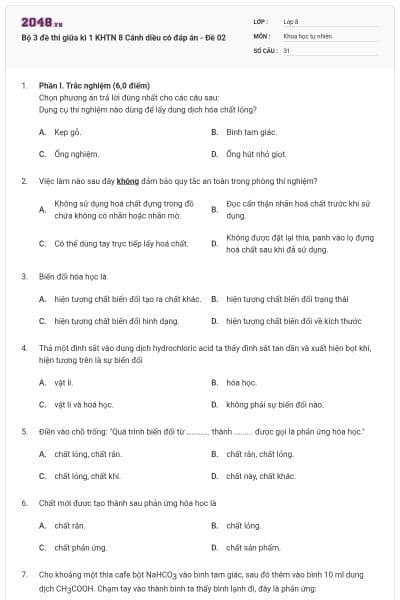Bộ 3 đề thi giữa kì 1 KHTN 8 Cánh diều có đáp án - Đề 02