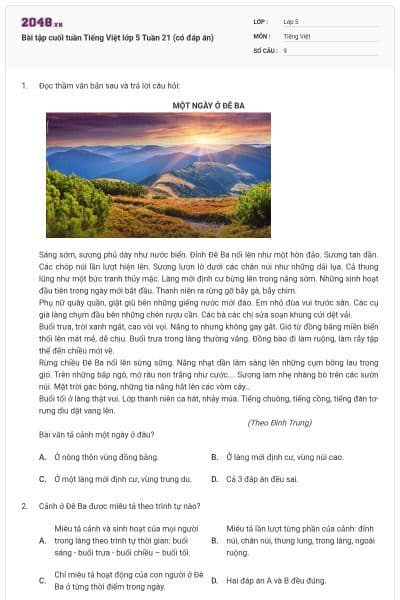 Bài tập cuối tuần Tiếng Việt lớp 5 Tuần 21 (có đáp án)