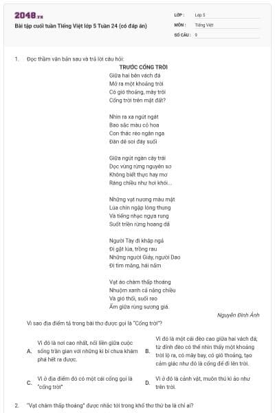 Bài tập cuối tuần Tiếng Việt lớp 5 Tuần 24 (có đáp án)