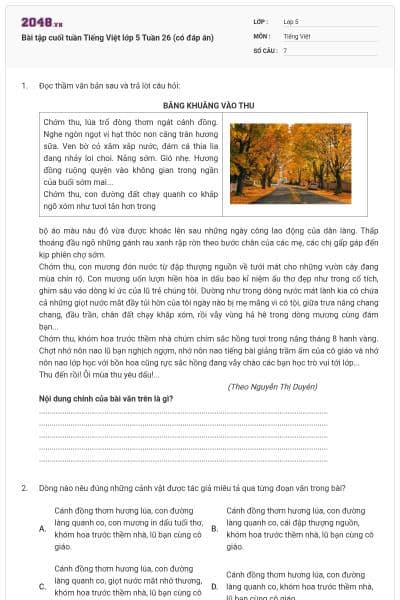 Bài tập cuối tuần Tiếng Việt lớp 5 Tuần 26 (có đáp án)