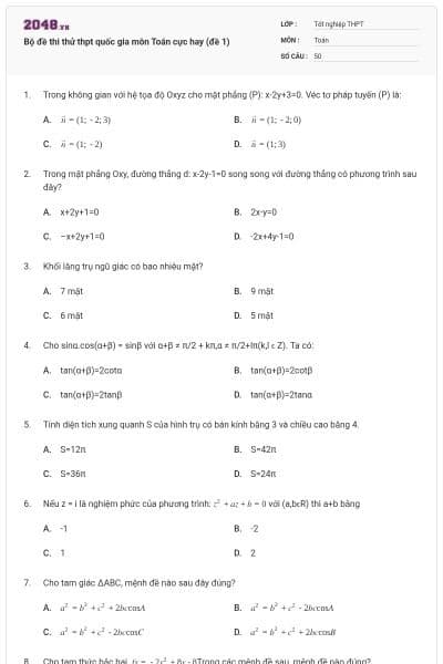 Bộ đề thi thử thpt quốc gia môn Toán cực hay (đề 1)