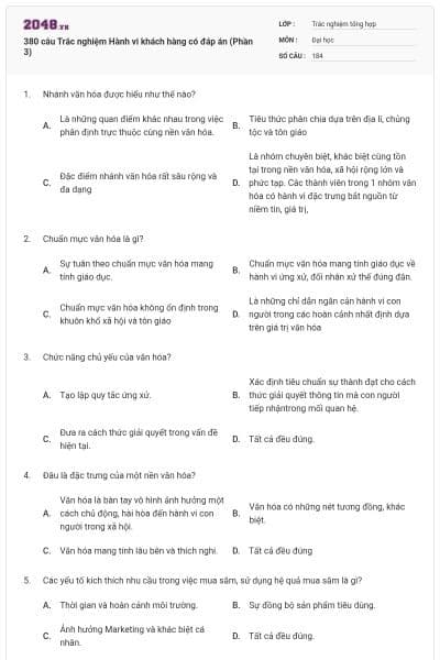 380 câu Trắc nghiệm Hành vi khách hàng có đáp án (Phần 3)