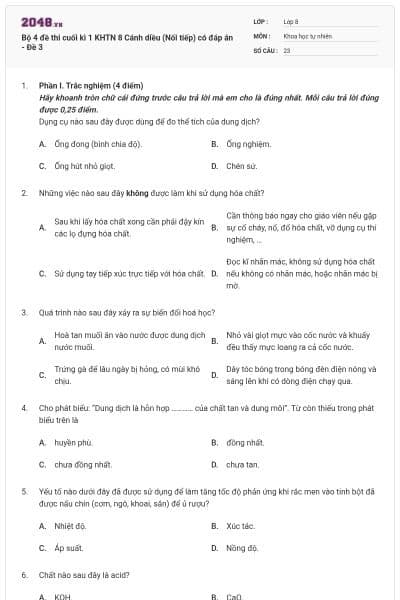 Bộ 4 đề thi cuối kì 1 KHTN 8 Cánh diều (Nối tiếp) có đáp án - Đề 3