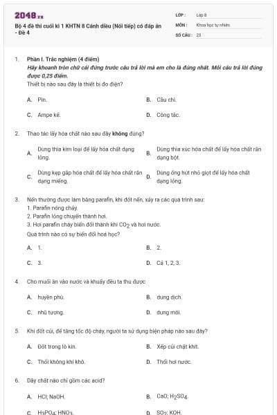 Bộ 4 đề thi cuối kì 1 KHTN 8 Cánh diều (Nối tiếp) có đáp án - Đề 4