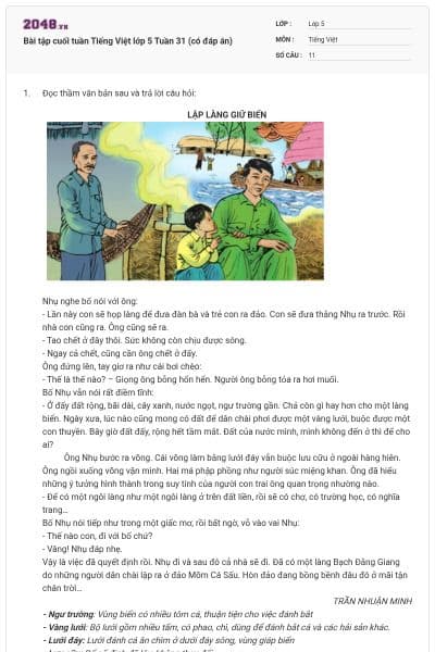 Bài tập cuối tuần Tiếng Việt lớp 5 Tuần 31 (có đáp án)