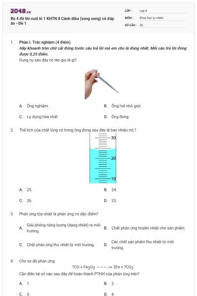 Bộ 4 đề thi cuối kì 1 KHTN 8 Cánh diều (song song) có đáp án - Đề 1