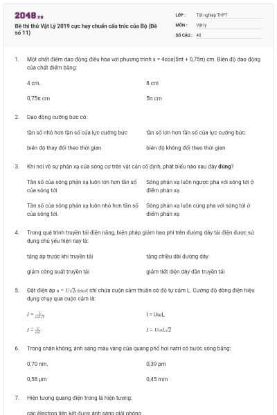 Đề thi thử Vật Lý 2019 cực hay chuẩn cấu trúc của Bộ (Đề số 11)