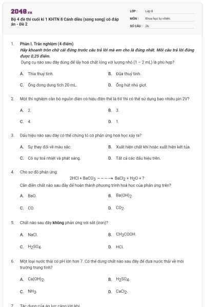 Bộ 4 đề thi cuối kì 1 KHTN 8 Cánh diều (song song) có đáp án - Đề 2