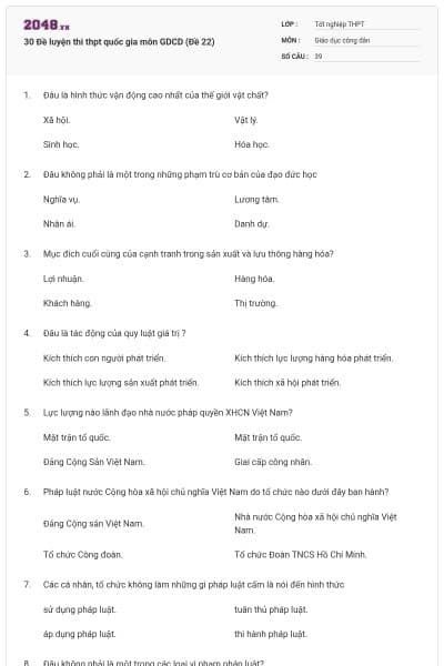 30 Đề luyện thi thpt quốc gia môn GDCD (Đề 22)
