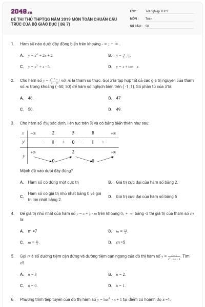 ĐỀ THI THỬ THPTQG NĂM 2019 MÔN TOÁN CHUẨN CẤU TRÚC CỦA BỘ GIÁO DỤC ( Đề 7)