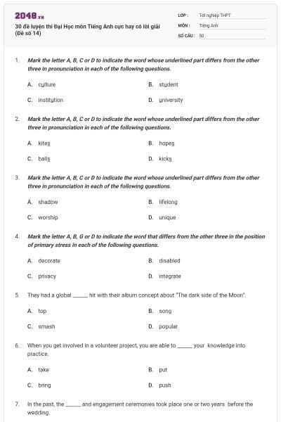 30 đề luyện thi Đại Học môn Tiếng Anh cực hay có lời giải (Đề số 14)