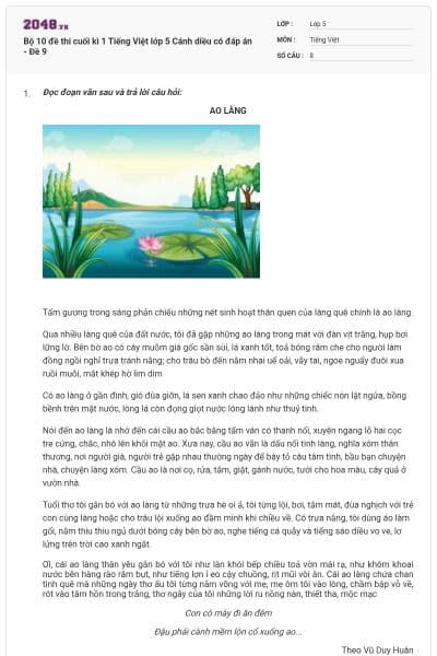 Bộ 10 đề thi cuối kì 1 Tiếng Việt lớp 5 Cánh diều có đáp án - Đề 9