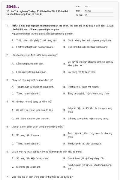15 câu Trắc nghiệm Tin học 11 Cánh diều Bài 6: Kiểm thử và sửa lỗi chương trình có đáp án