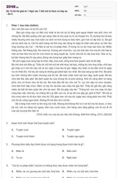 Bộ 10 đề thi giữa kì 1 Ngữ văn 7 Kết nối tri thức có đáp án - Đề 5