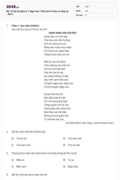 Bộ 10 đề thi giữa kì 1 Ngữ văn 7 Kết nối tri thức có đáp án - Đề 6