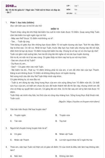 Bộ 10 đề thi giữa kì 1 Ngữ văn 7 Kết nối tri thức có đáp án - Đề 7