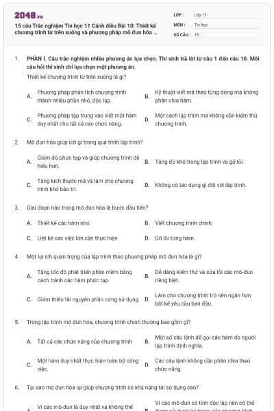 15 câu Trắc nghiệm Tin học 11 Cánh diều Bài 10:  Thiết kế chương trình từ trên xuống và phương pháp mô đun hóa có đáp án