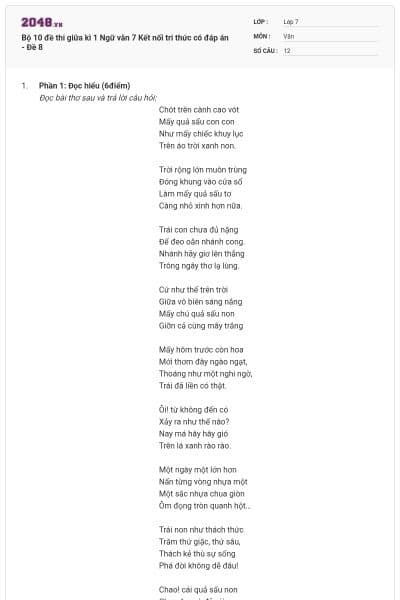 Bộ 10 đề thi giữa kì 1 Ngữ văn 7 Kết nối tri thức có đáp án - Đề 8