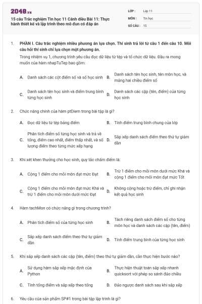 15 câu Trắc nghiệm Tin học 11 Cánh diều Bài 11: Thực hành thiết kế và lập trình theo mô đun có đáp án