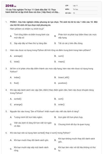 15 câu Trắc nghiệm Tin học 11 Cánh diều Bài 13: Thực hành thiết kế và lập trình theo mô đun ( tiếp theo) có đáp án