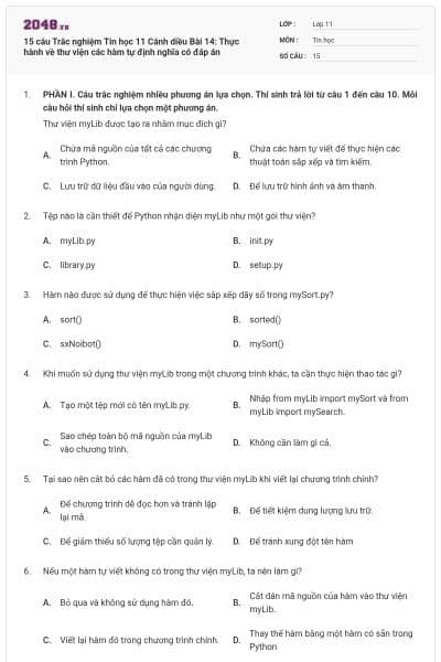 15 câu Trắc nghiệm Tin học 11 Cánh diều Bài 14: Thực hành về thư viện các hàm tự định nghĩa có đáp án