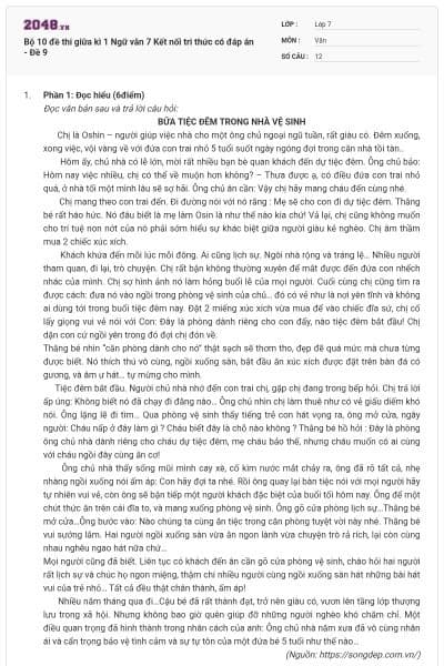 Bộ 10 đề thi giữa kì 1 Ngữ văn 7 Kết nối tri thức có đáp án - Đề 9