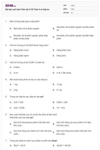 Bài tập cuối tuần Toán lớp 5 CD Tuần 6 có đáp án