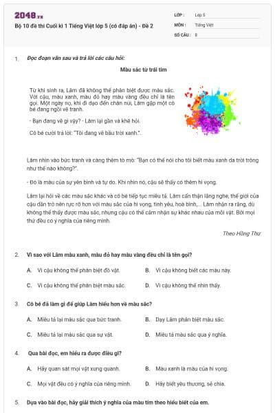 Bộ 10 đề thi Cuối kì 1 Tiếng Việt lớp 5 (có đáp án) - Đề 2