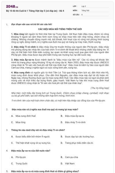 Bộ 10 đề thi Cuối kì 1 Tiếng Việt lớp 5 (có đáp án) - Đề 4